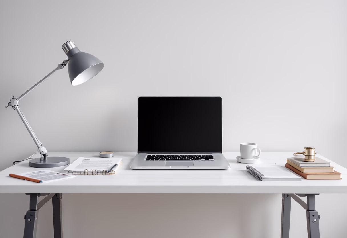 Clean minimalist desk with laptop and lamp